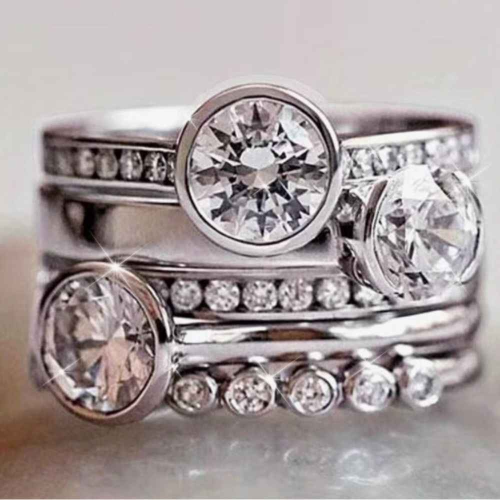 💕 Elegant Silver Multi Layered Crystal Ring Set all in One 💕